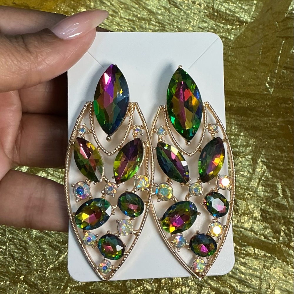 Iridescent Crystal Leaf Statement Earrings – Gold-Tone Pierced Drop, 3”